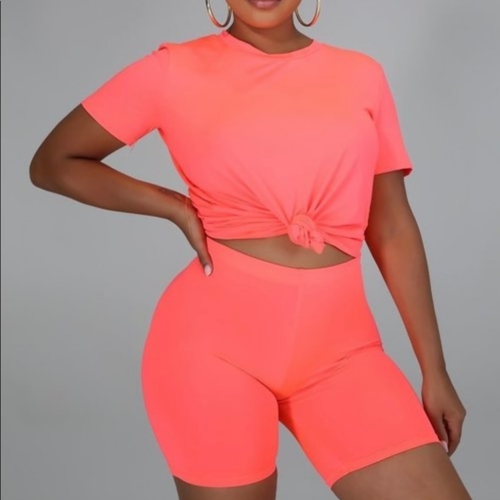 Neon Coral 2-Piece Short Sleeve High Waisted Biker Shorts Set